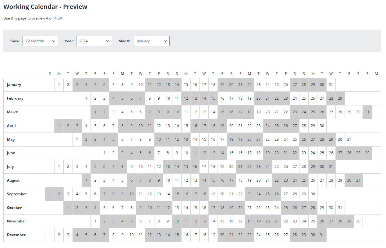 shows working calendar preview screen